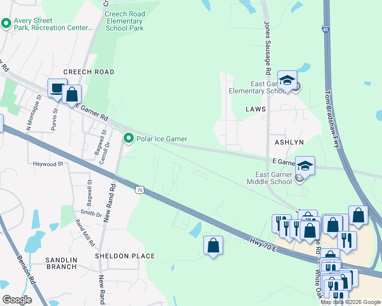 map of restaurants, bars, coffee shops, grocery stores, and more near 610 East Garner Road in Garner
