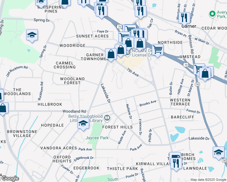 map of restaurants, bars, coffee shops, grocery stores, and more near 1706 Lakeside Drive in Garner