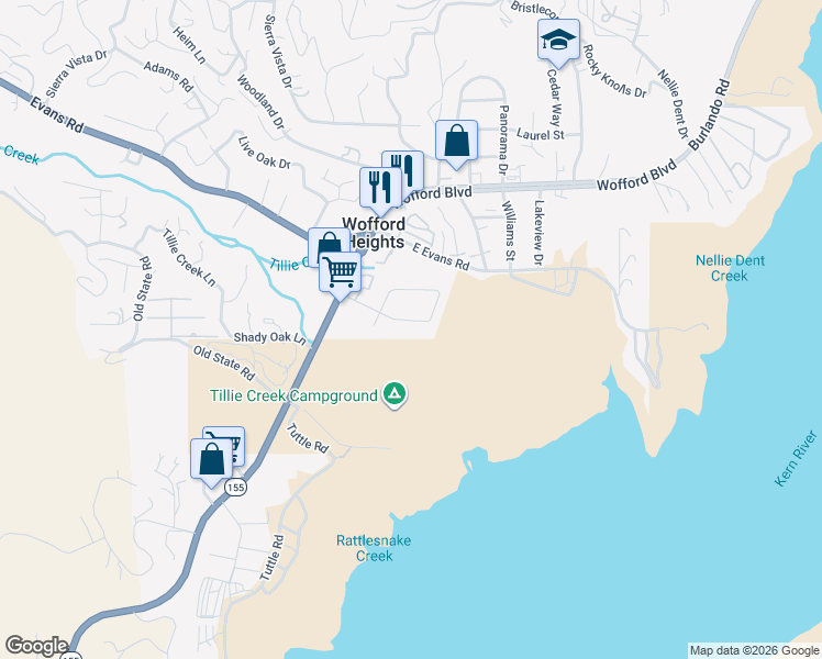 map of restaurants, bars, coffee shops, grocery stores, and more near 125 Lakeshore Drive in Wofford Heights