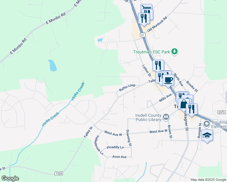 map of restaurants, bars, coffee shops, grocery stores, and more near 108 Utah Lane in Troutman
