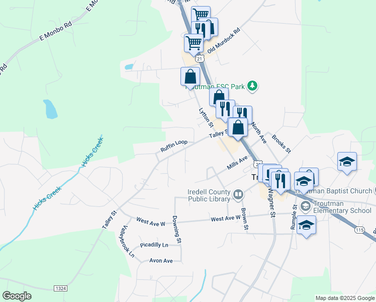 map of restaurants, bars, coffee shops, grocery stores, and more near 317 Talley Street in Troutman