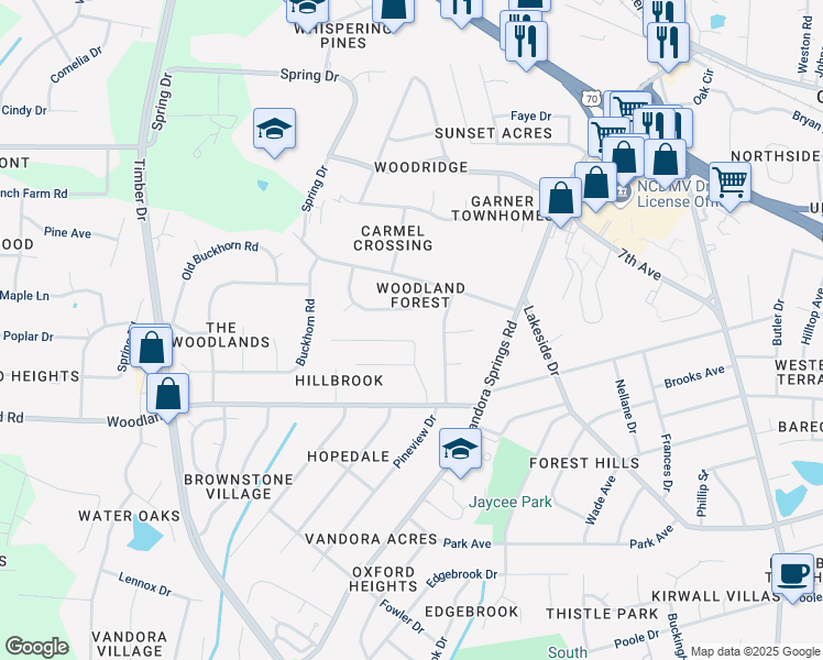 map of restaurants, bars, coffee shops, grocery stores, and more near 1502 Wiljohn Road in Garner