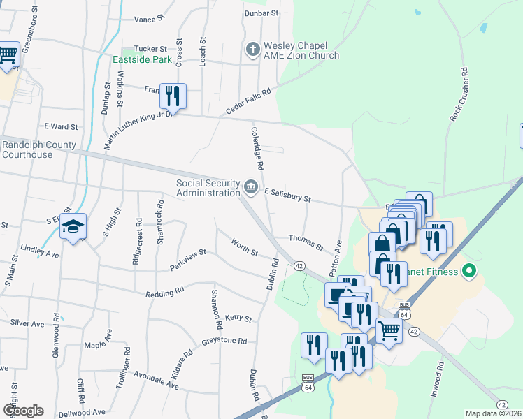 map of restaurants, bars, coffee shops, grocery stores, and more near 147 Dublin Square Road in Asheboro