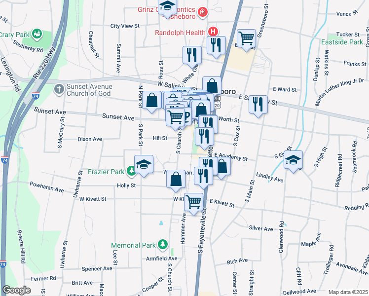 map of restaurants, bars, coffee shops, grocery stores, and more near 161 South Church Street in Asheboro