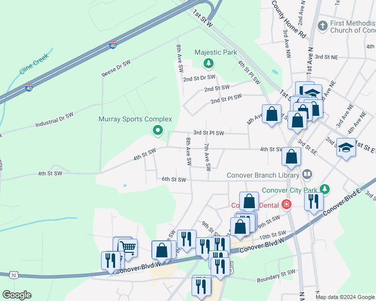 map of restaurants, bars, coffee shops, grocery stores, and more near 400 8th Avenue Southwest in Conover