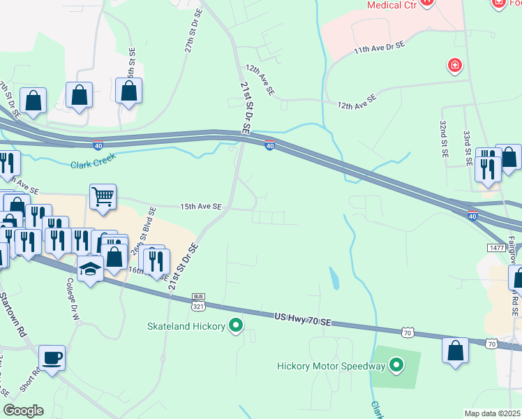 map of restaurants, bars, coffee shops, grocery stores, and more near 2830 14th Avenue Circle Southeast in Hickory