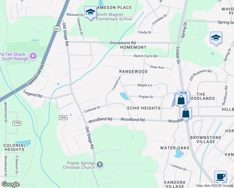 map of restaurants, bars, coffee shops, grocery stores, and more near 721 Locust Lane in Raleigh