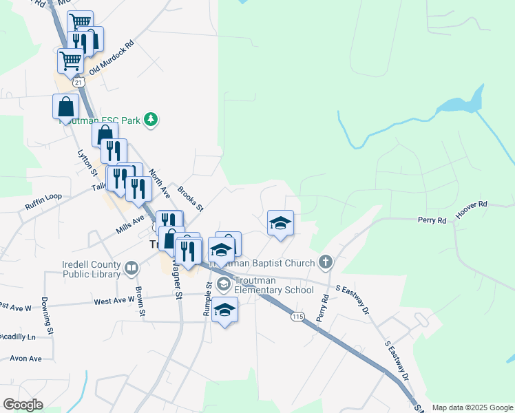 map of restaurants, bars, coffee shops, grocery stores, and more near 111 Addison Place in Troutman