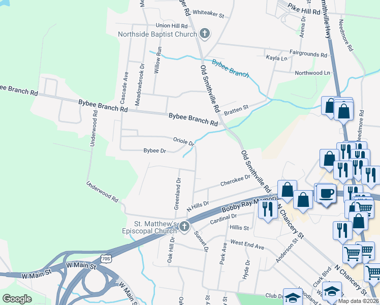 map of restaurants, bars, coffee shops, grocery stores, and more near 317 Oriole Drive in McMinnville