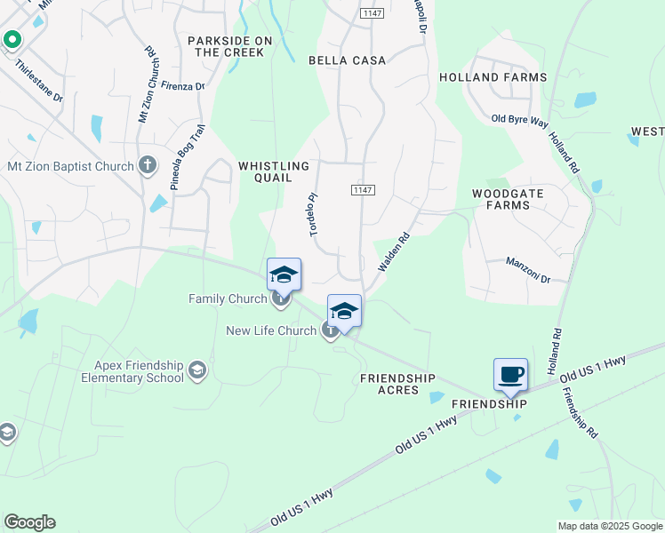 map of restaurants, bars, coffee shops, grocery stores, and more near 2208 Madison Creek Drive in Apex