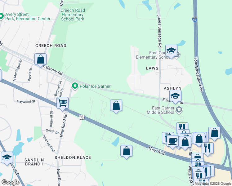 map of restaurants, bars, coffee shops, grocery stores, and more near 610 East Garner Road in Garner