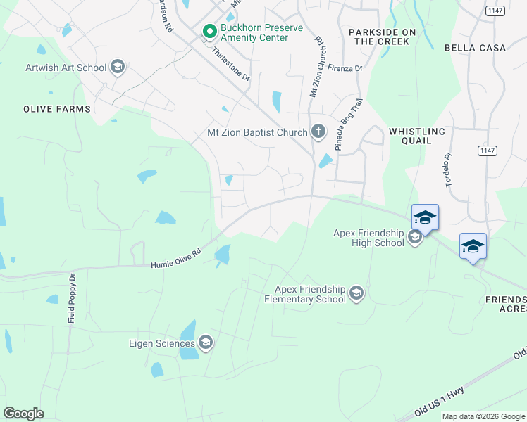 map of restaurants, bars, coffee shops, grocery stores, and more near 8021 Humie Olive Road in Apex