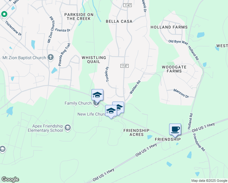 map of restaurants, bars, coffee shops, grocery stores, and more near 2208 Madison Creek Drive in Apex