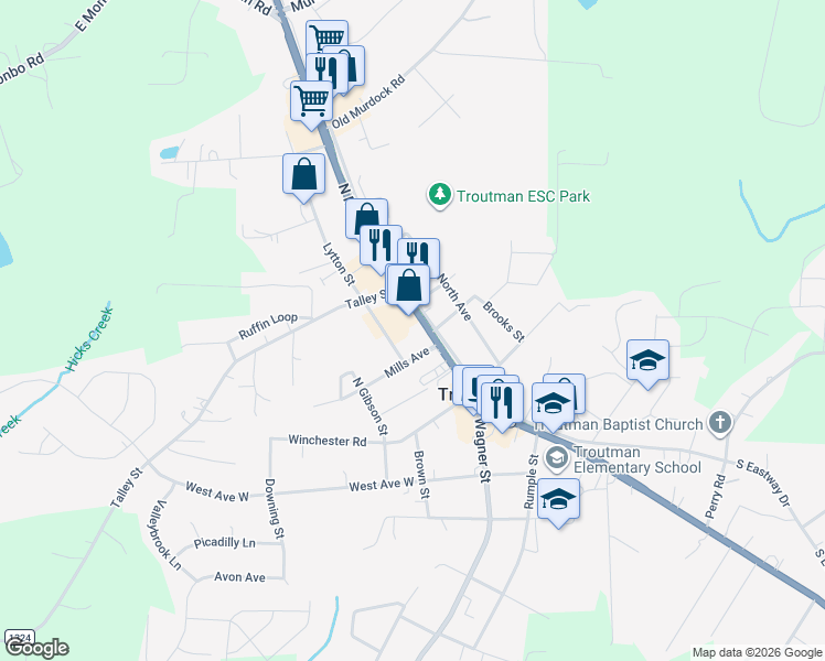 map of restaurants, bars, coffee shops, grocery stores, and more near 285 North Main Street in Troutman