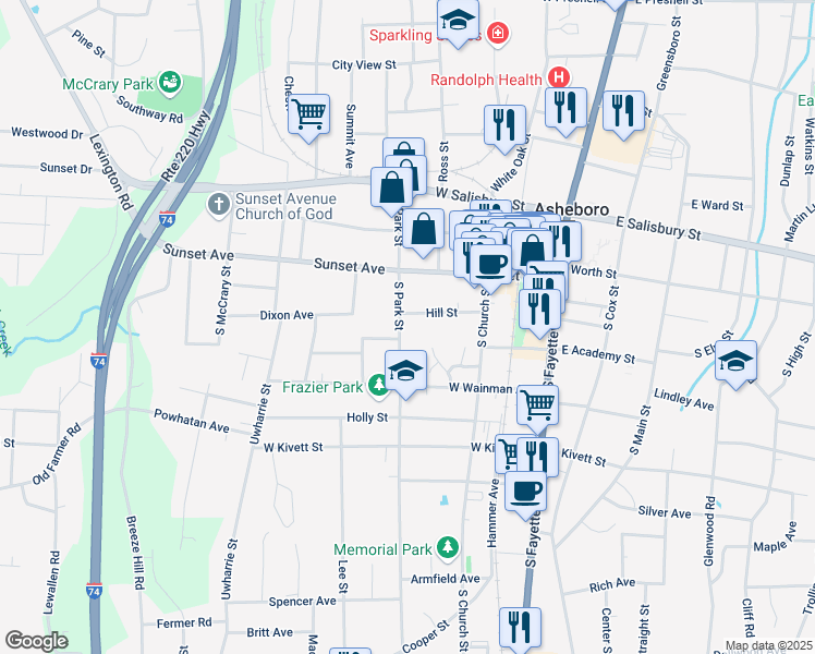 map of restaurants, bars, coffee shops, grocery stores, and more near 215 South Park Street in Asheboro