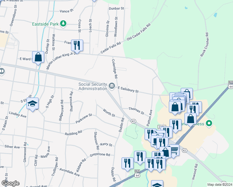 map of restaurants, bars, coffee shops, grocery stores, and more near 147 Dublin Square Road in Asheboro
