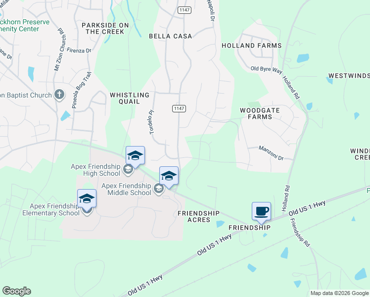 map of restaurants, bars, coffee shops, grocery stores, and more near 2929 Evans Road in Apex