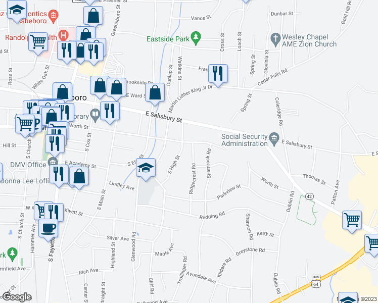 map of restaurants, bars, coffee shops, grocery stores, and more near 116 Ridgecrest Road in Asheboro