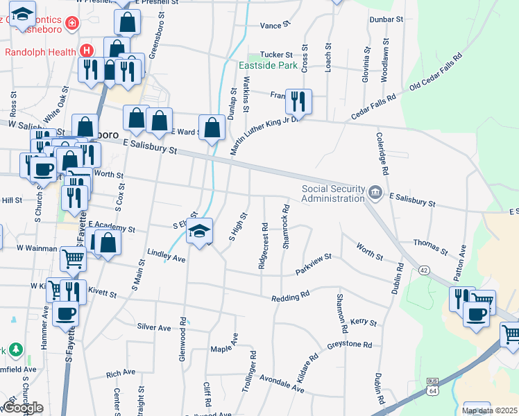map of restaurants, bars, coffee shops, grocery stores, and more near 116 Ridgecrest Road in Asheboro