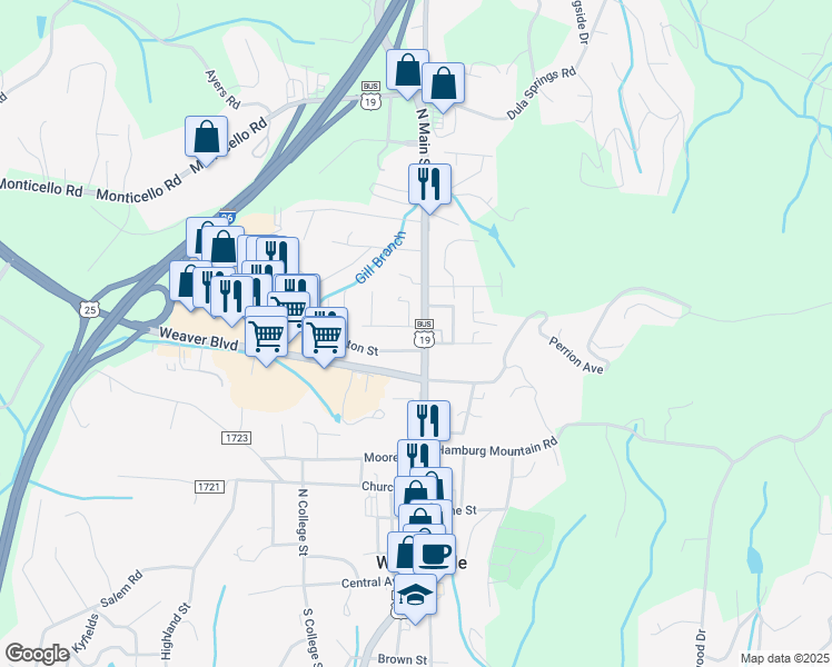 map of restaurants, bars, coffee shops, grocery stores, and more near 9 Sunset Drive in Weaverville