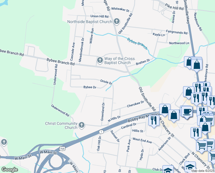 map of restaurants, bars, coffee shops, grocery stores, and more near 107 Bybee Drive in McMinnville