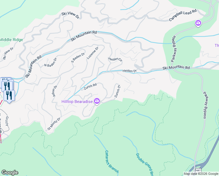 map of restaurants, bars, coffee shops, grocery stores, and more near 1835 Zurich Court in Gatlinburg