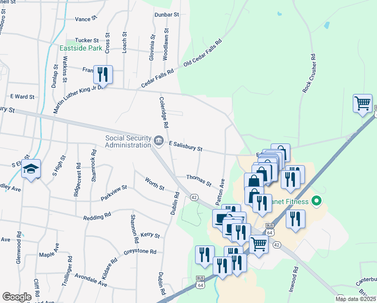 map of restaurants, bars, coffee shops, grocery stores, and more near 1258 East Salisbury Street in Asheboro