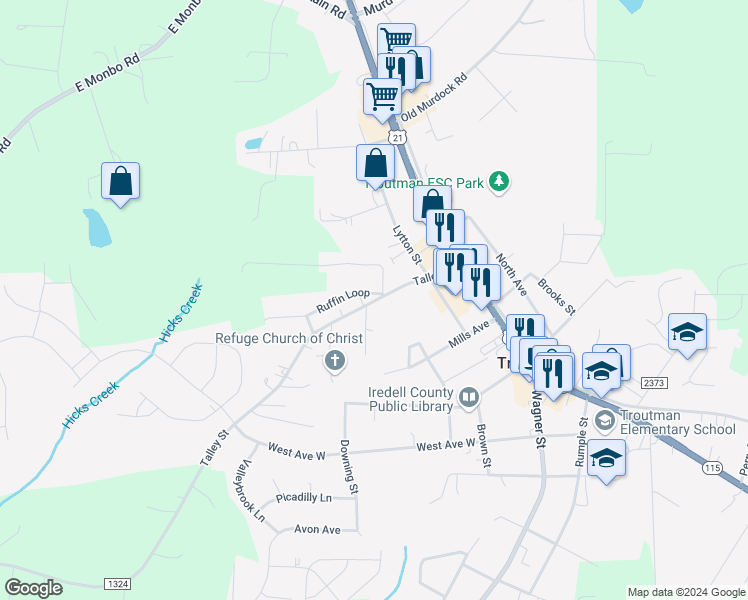 map of restaurants, bars, coffee shops, grocery stores, and more near 312 Talley Street in Troutman