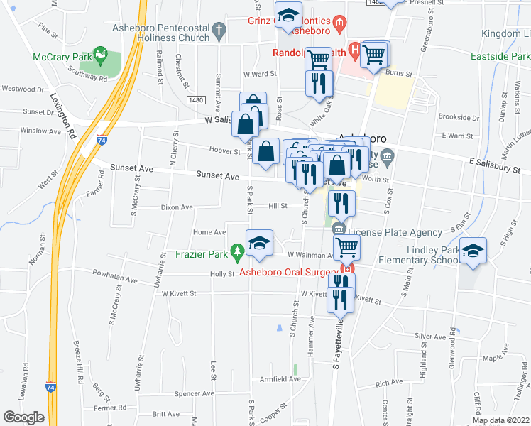 map of restaurants, bars, coffee shops, grocery stores, and more near 419 Hill Street in Asheboro