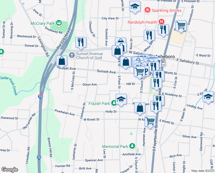 map of restaurants, bars, coffee shops, grocery stores, and more near 601 Dixon Avenue in Asheboro