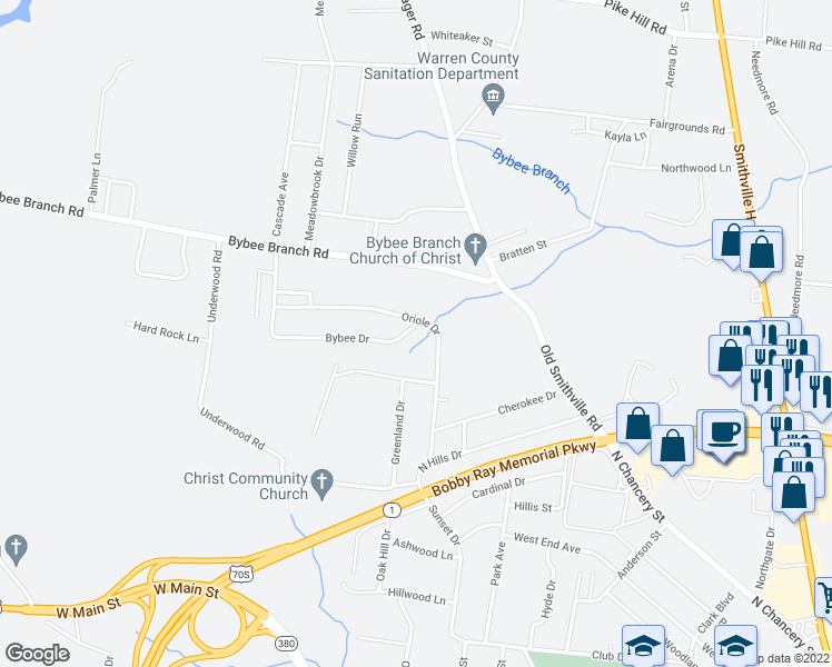 map of restaurants, bars, coffee shops, grocery stores, and more near 105 Bybee Drive in McMinnville