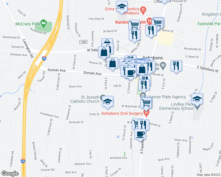 map of restaurants, bars, coffee shops, grocery stores, and more near 427 Hill Street in Asheboro