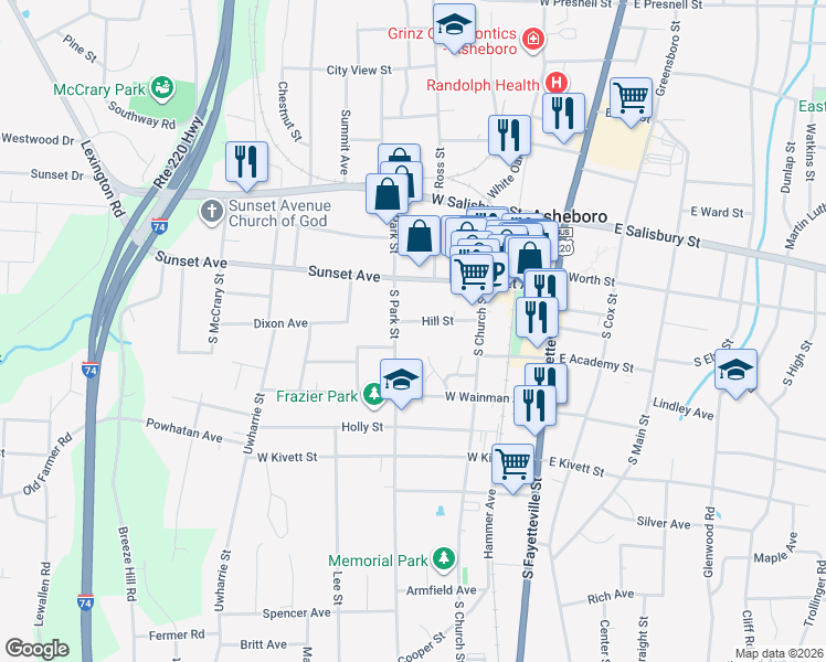 map of restaurants, bars, coffee shops, grocery stores, and more near 425 Hill Street in Asheboro