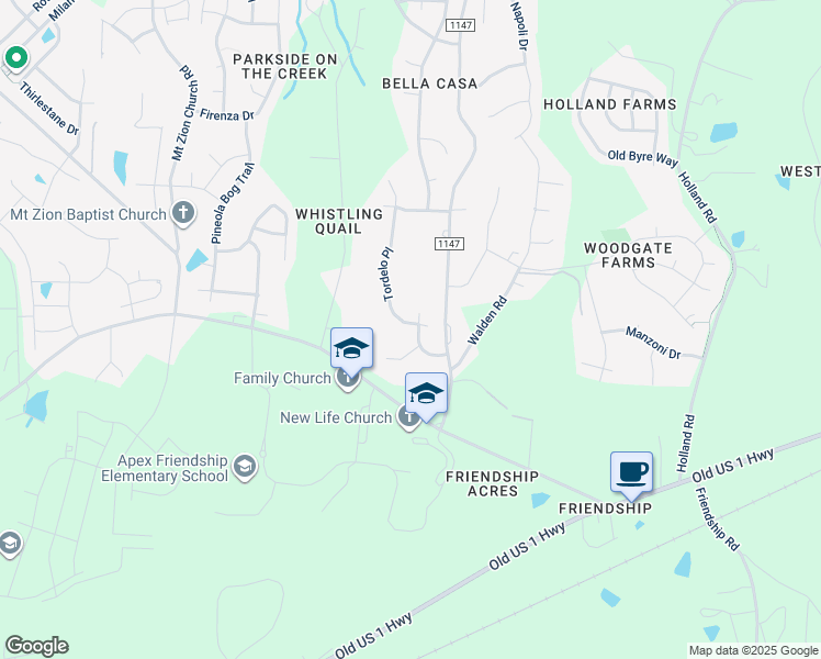 map of restaurants, bars, coffee shops, grocery stores, and more near 2200 Madison Creek Drive in Apex