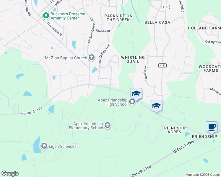 map of restaurants, bars, coffee shops, grocery stores, and more near 7904 Humie Olive Road in Apex