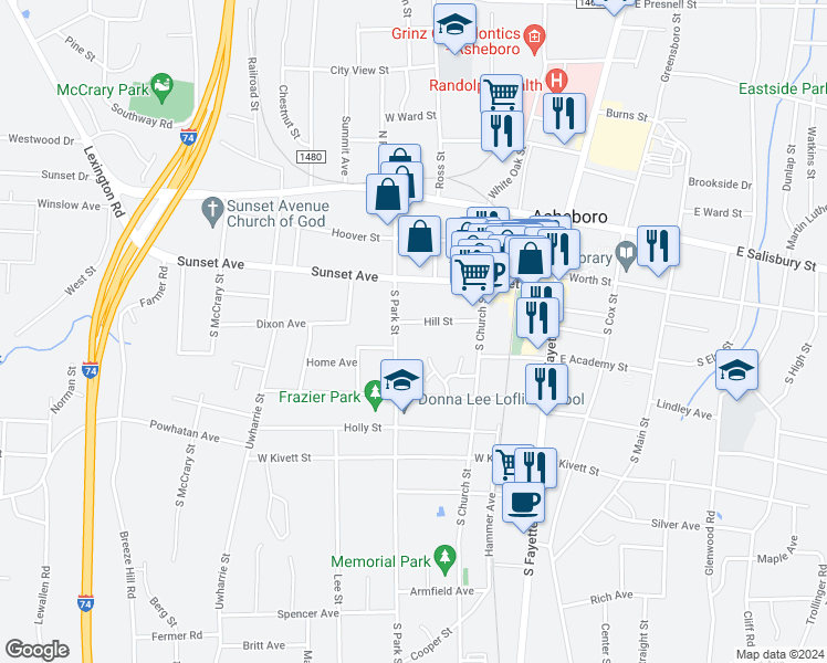 map of restaurants, bars, coffee shops, grocery stores, and more near 419 Hill Street in Asheboro