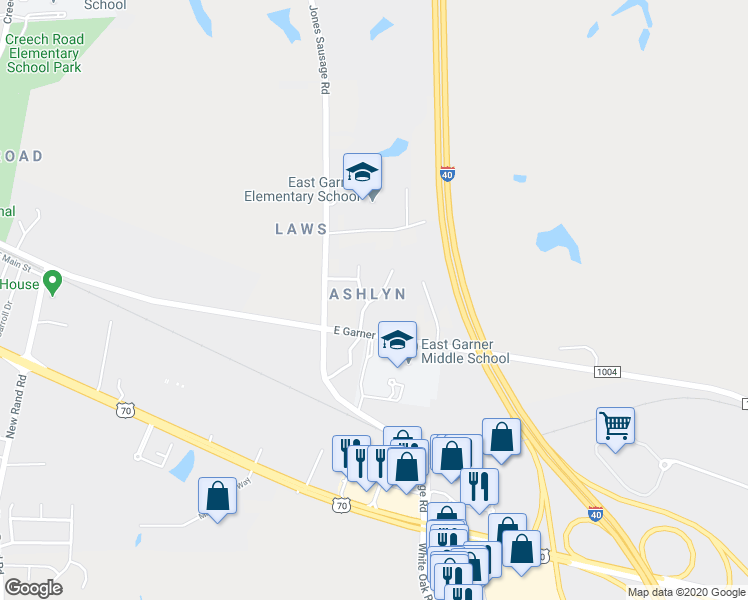 map of restaurants, bars, coffee shops, grocery stores, and more near Ashlyn Ridge Drive in Garner