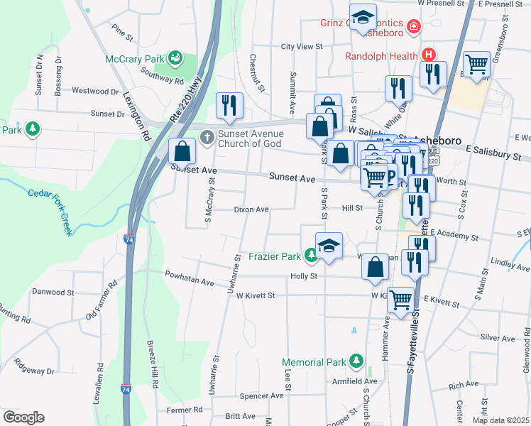 map of restaurants, bars, coffee shops, grocery stores, and more near 703 Dixon Ave in Asheboro
