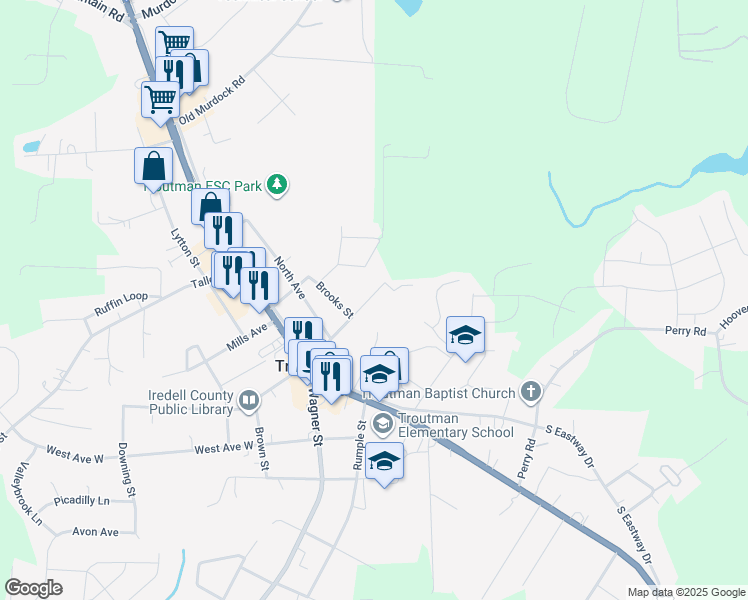 map of restaurants, bars, coffee shops, grocery stores, and more near 316 East Church Street in Troutman