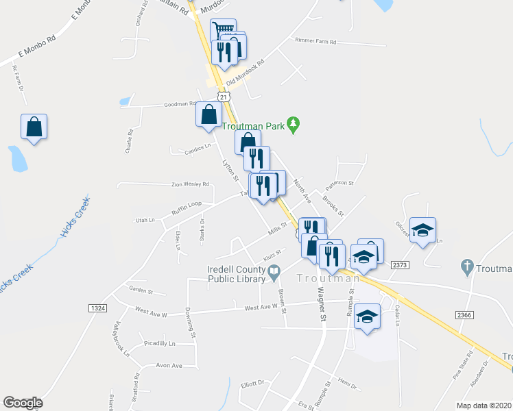 map of restaurants, bars, coffee shops, grocery stores, and more near 252 Lytton Street in Troutman