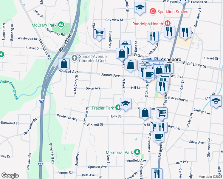 map of restaurants, bars, coffee shops, grocery stores, and more near 601 Dixon Avenue in Asheboro