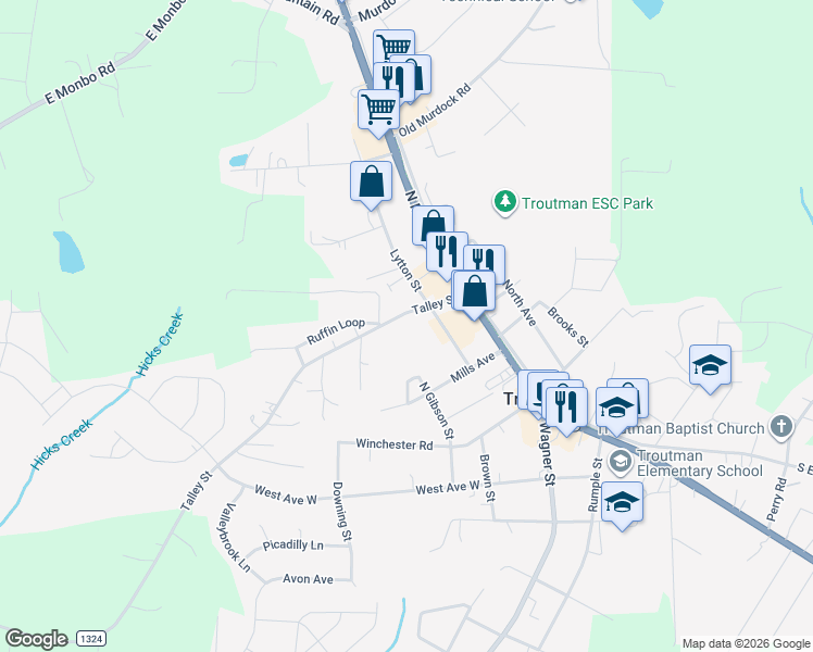 map of restaurants, bars, coffee shops, grocery stores, and more near 211 Talley Street in Troutman