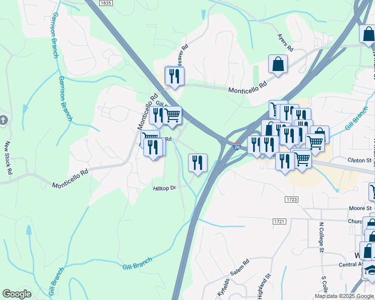 map of restaurants, bars, coffee shops, grocery stores, and more near 24 Northridge Commons Parkway in Weaverville