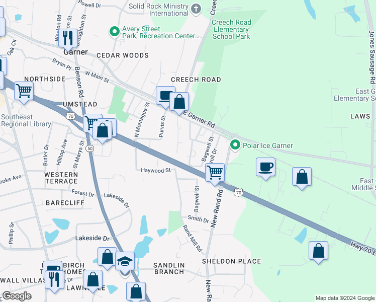 map of restaurants, bars, coffee shops, grocery stores, and more near 208 Griffin Street in Garner