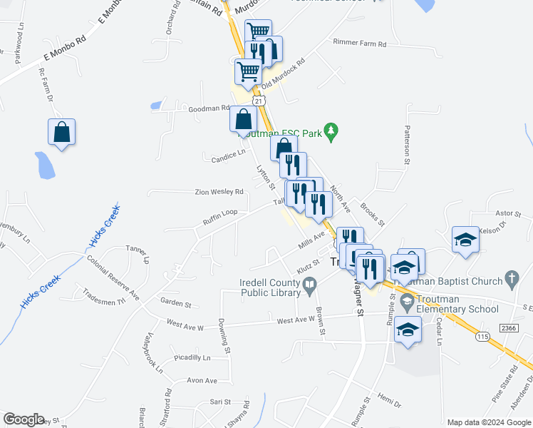 map of restaurants, bars, coffee shops, grocery stores, and more near 211 Talley Street in Troutman