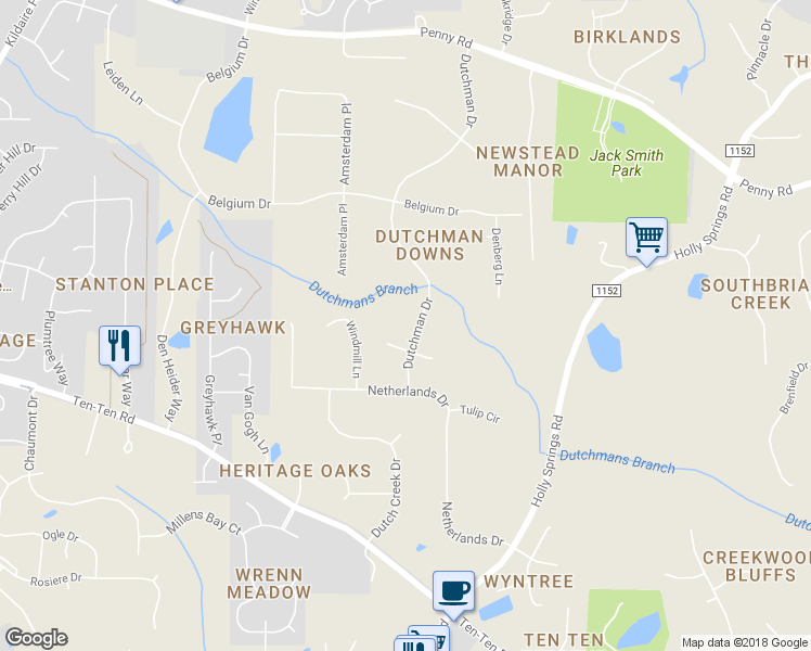 map of restaurants, bars, coffee shops, grocery stores, and more near 5508 Dutchman Drive in Raleigh