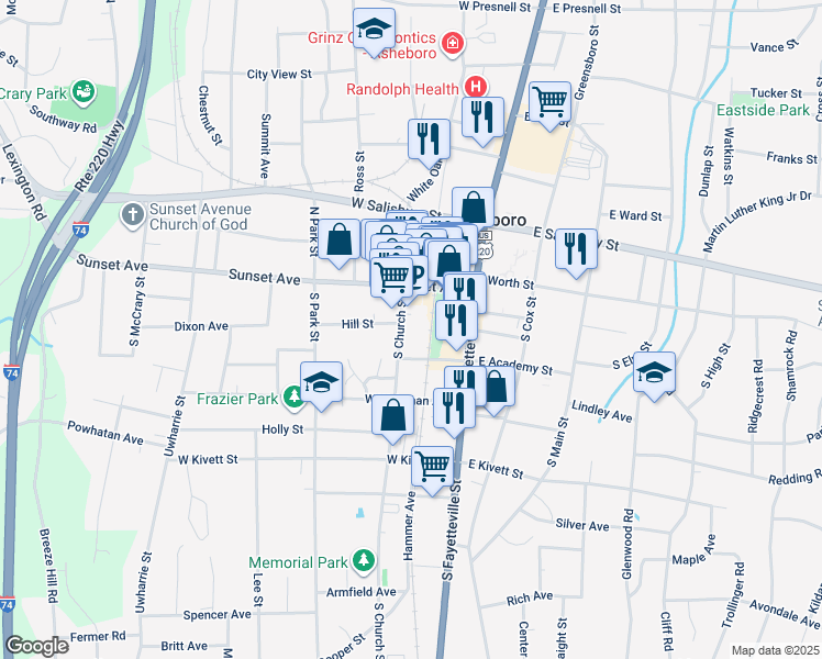 map of restaurants, bars, coffee shops, grocery stores, and more near 161 South Church Street in Asheboro