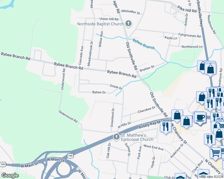 map of restaurants, bars, coffee shops, grocery stores, and more near 409 Oriole Drive in McMinnville
