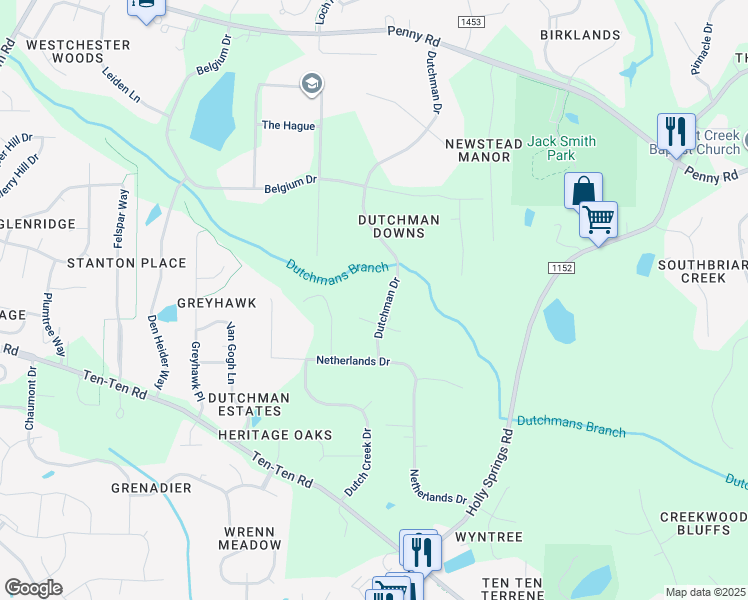 map of restaurants, bars, coffee shops, grocery stores, and more near 5508 Dutchman Drive in Raleigh