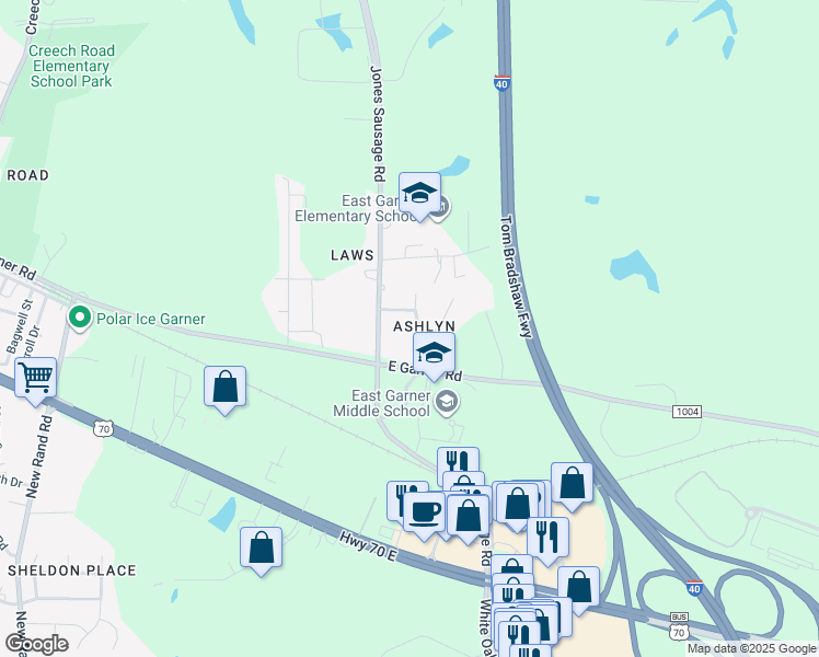 map of restaurants, bars, coffee shops, grocery stores, and more near 109 Kimeo Way in Garner